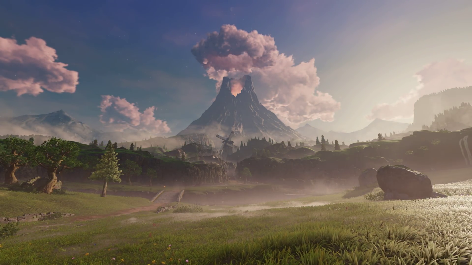 A view over Hyrule Field with Death Mountain looming in the background