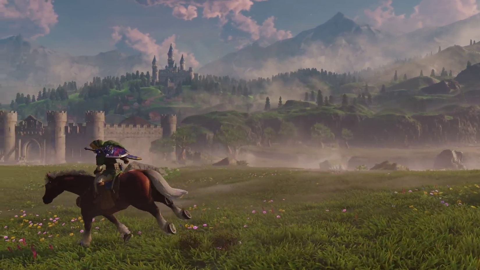 Link gallops across Hyrule Field with Hyrule castle in the backgroudn
