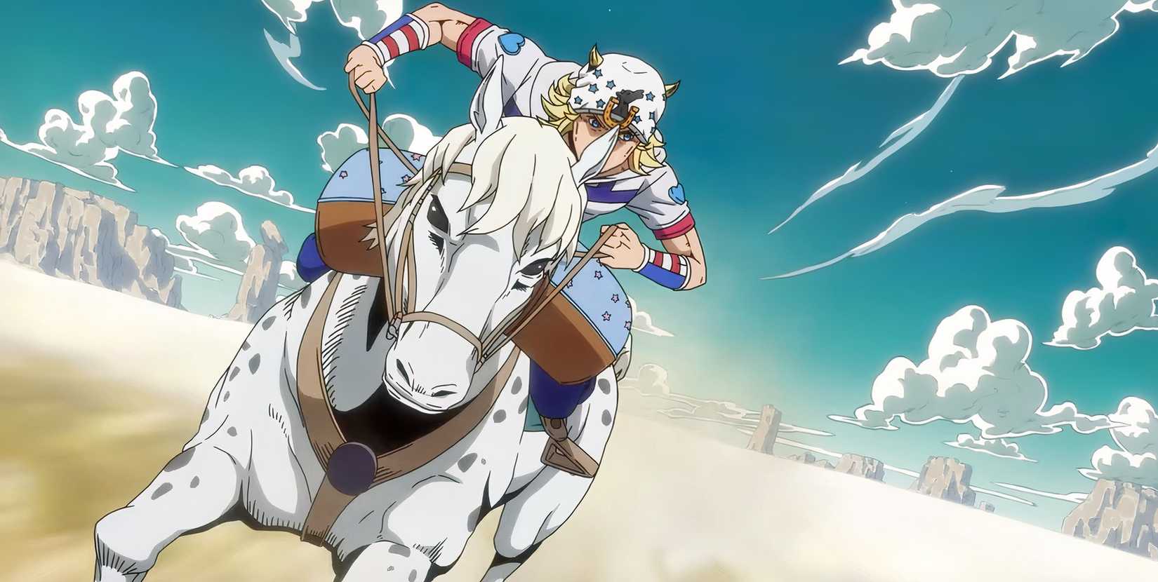 Johnny races his horse across the desert in Steel Ball Run