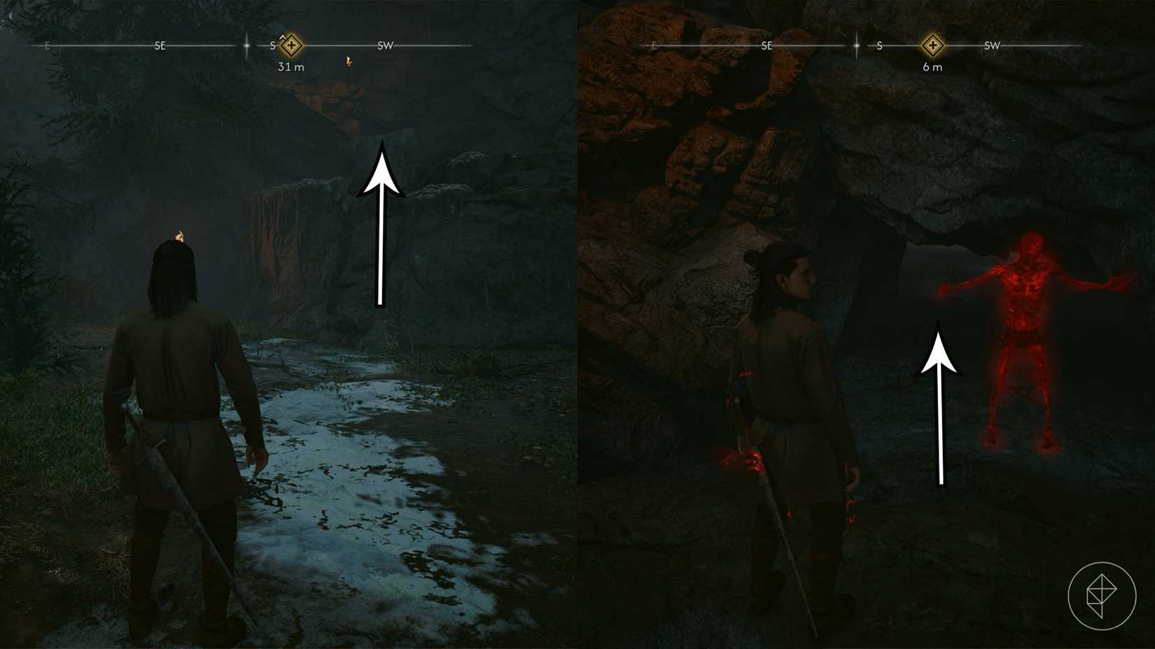 Coen standing in front of a wall and a cave in The Blood of Dawnwalker.