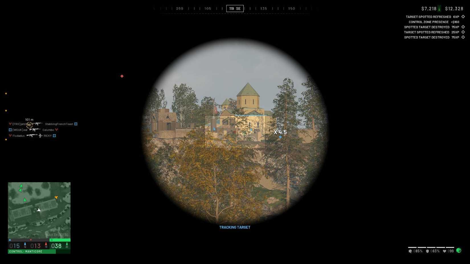 The player looking down a monocular in Wardogs, spotting enemies in the distance.