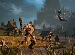 Kaatri flying through the air with an axe to fight a troll in Warlock.