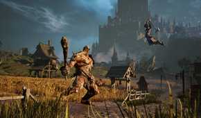 Kaatri flying through the air with an axe to fight a troll in Warlock.