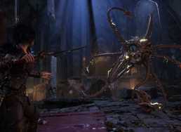 Kaatri fighting a huge eyeball with tentacles in Warlock.