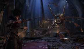 Kaatri fighting a huge eyeball with tentacles in Warlock.