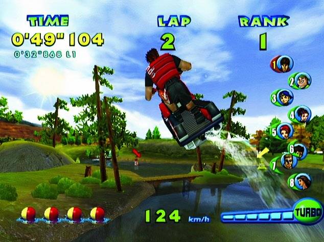 A jet ski jumps through the air in Wave Race: Blue Storm.