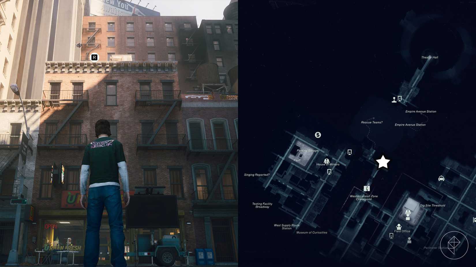 Dylan standing in front of an Urban Fresh Mart that has a Reach point on the roof in Control Resonant.