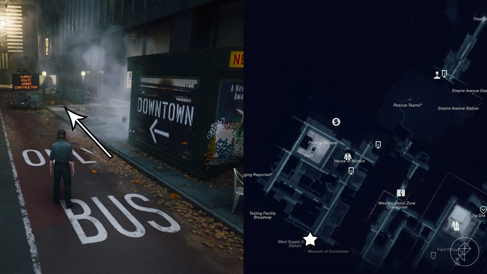 Dylan standing in front of a subway entrance that leads Downtown in Control Resonant.