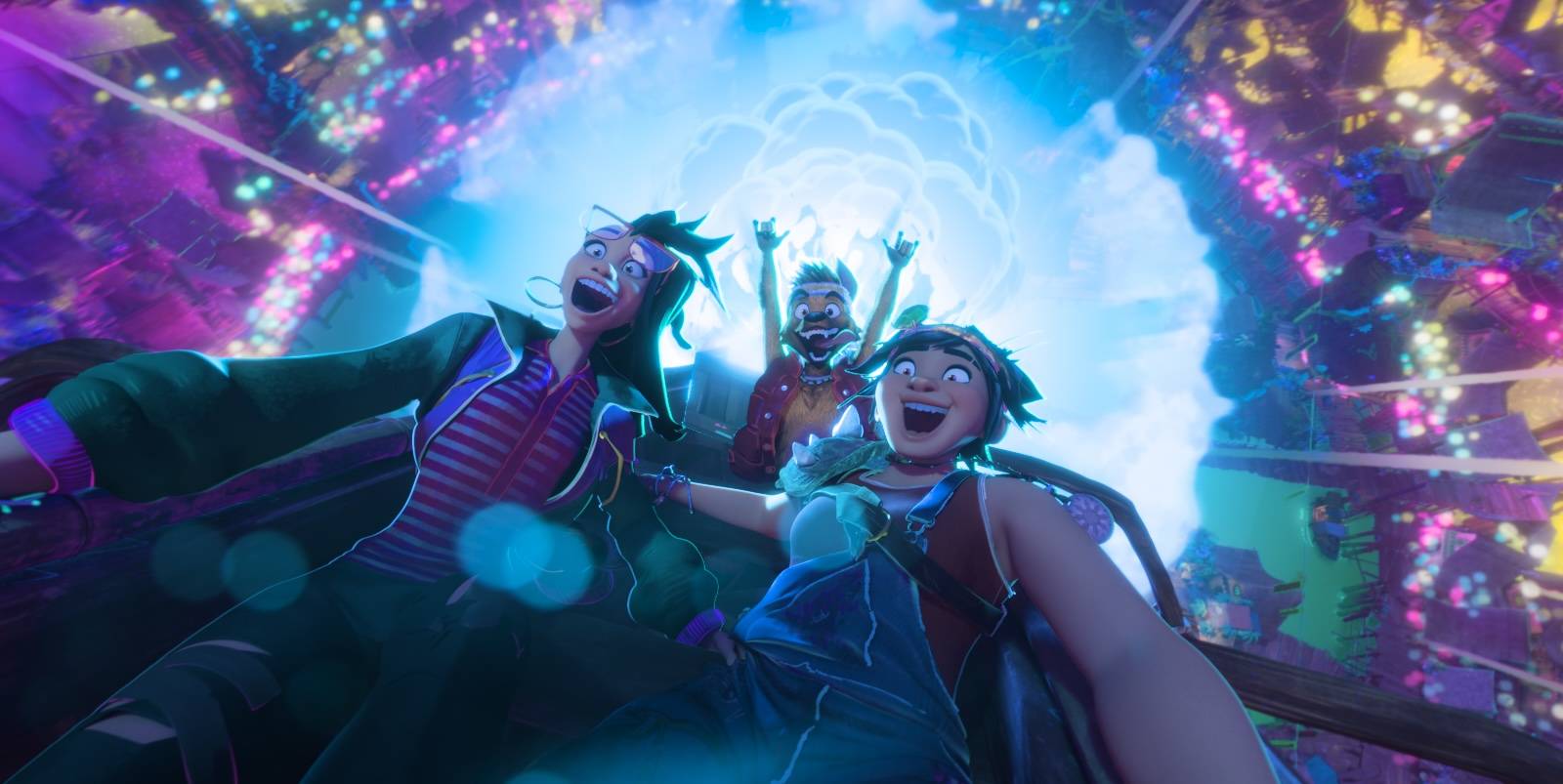 Filipino teenagers Raissa and Jo and their were-dog friend Raww scream with excitement while riding through a vivid neon tunnel in Forgotten Island