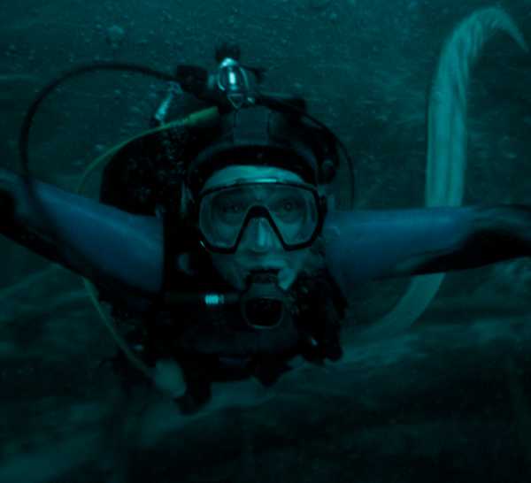 Image from Whalefall showing a diver desperately trying to swim away from the horrors of the ocean (he's unsuccessful).
