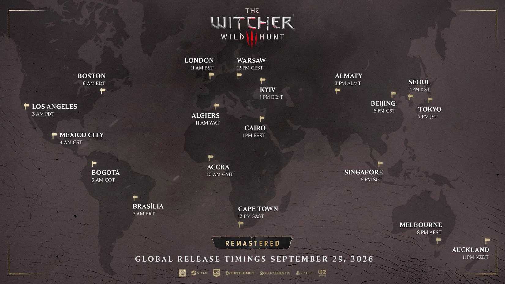 An image showing The Witcher 3 Remastered's release times