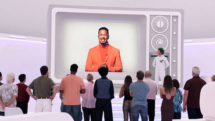 Nick Cannon speaking to contestants in Wonka's the Golden Ticket