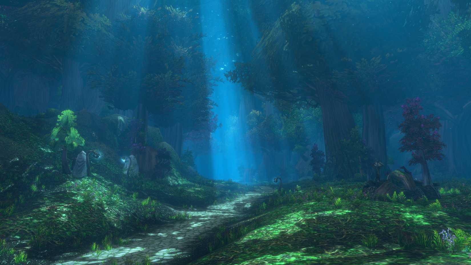 moonlight streams through trees in Ashenvale forest