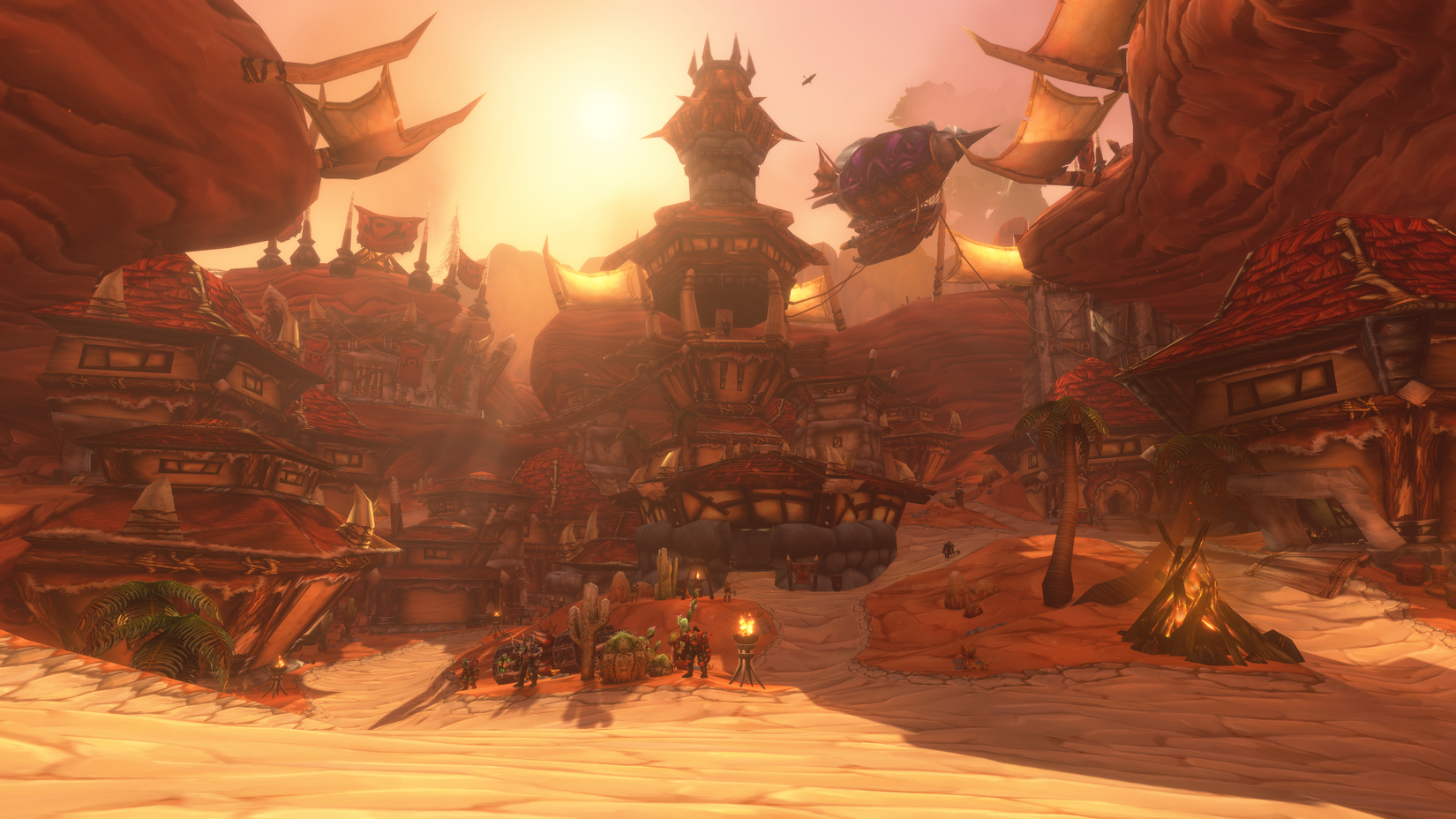 Low sunset streams in over the spiky orc city of Orgrimmar