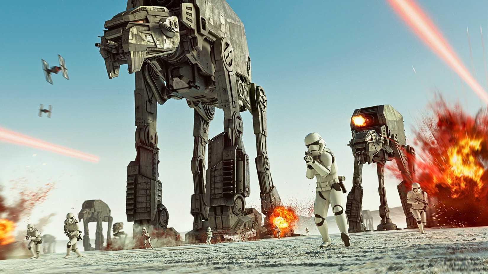 An image from Star Wars Battlefront 2 featuring walkers and stormtroopers on Hoth.