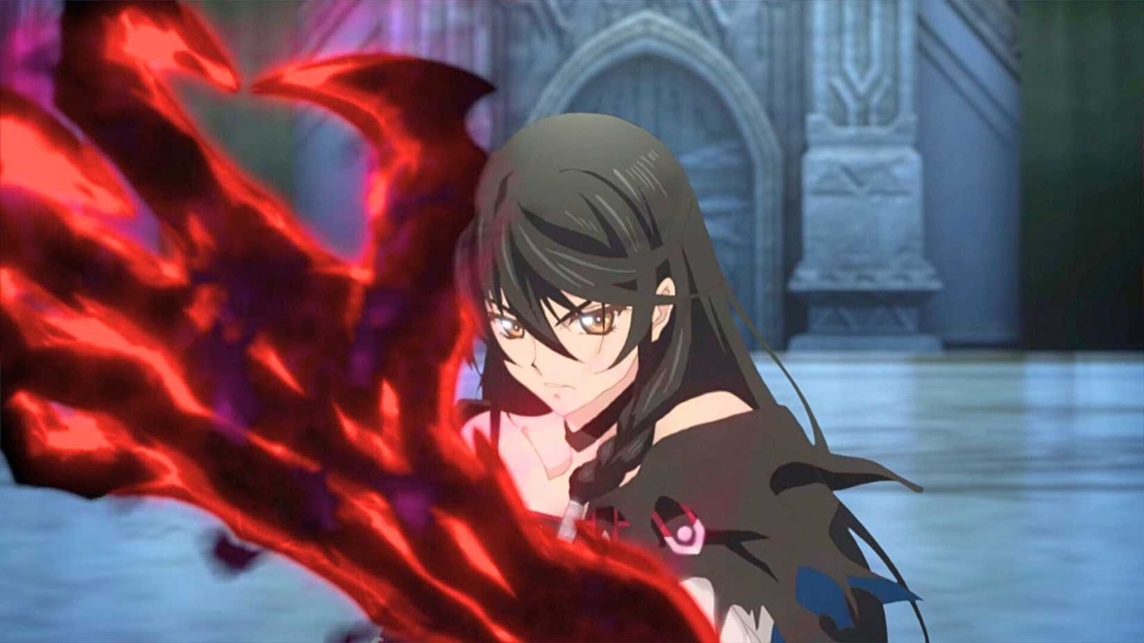 Velvet Crowe, a dark-haired anime woman in tattered clothes, holds up her arm. It is a red and black demonic claw that pulses.