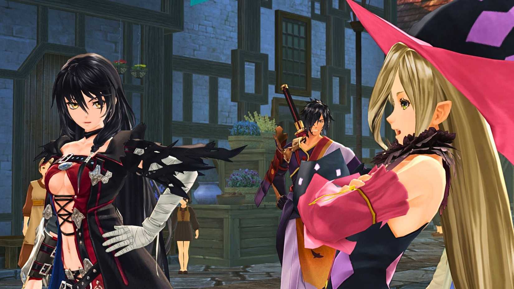 Magilou, an elf girl in pink, black and purple like jester clothes and a ridiculously big hat, stands off to the side.