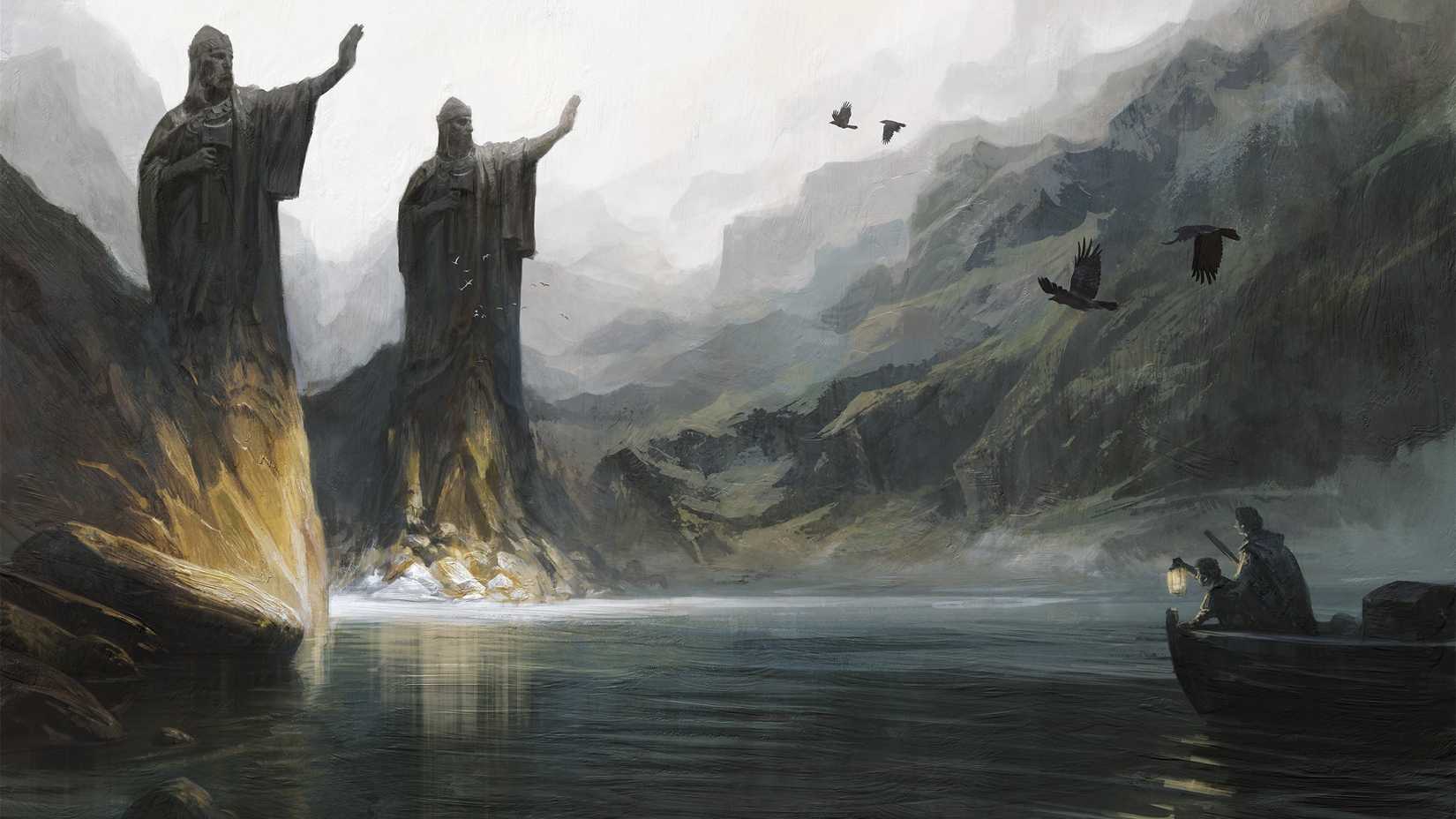 A boat approaches the Gate of Kings in art from The One Ring