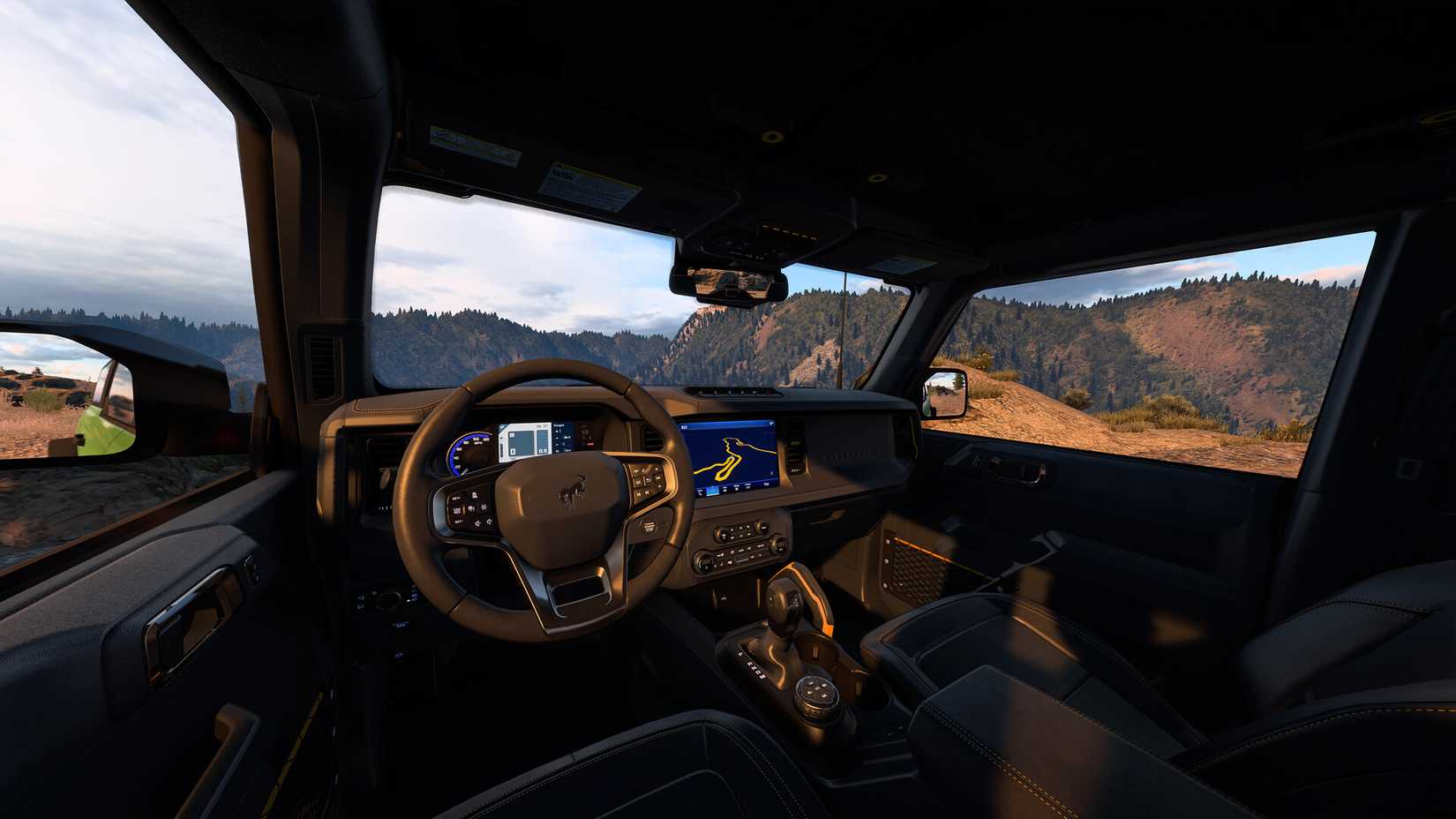 A detailed car interior with views onto mountains