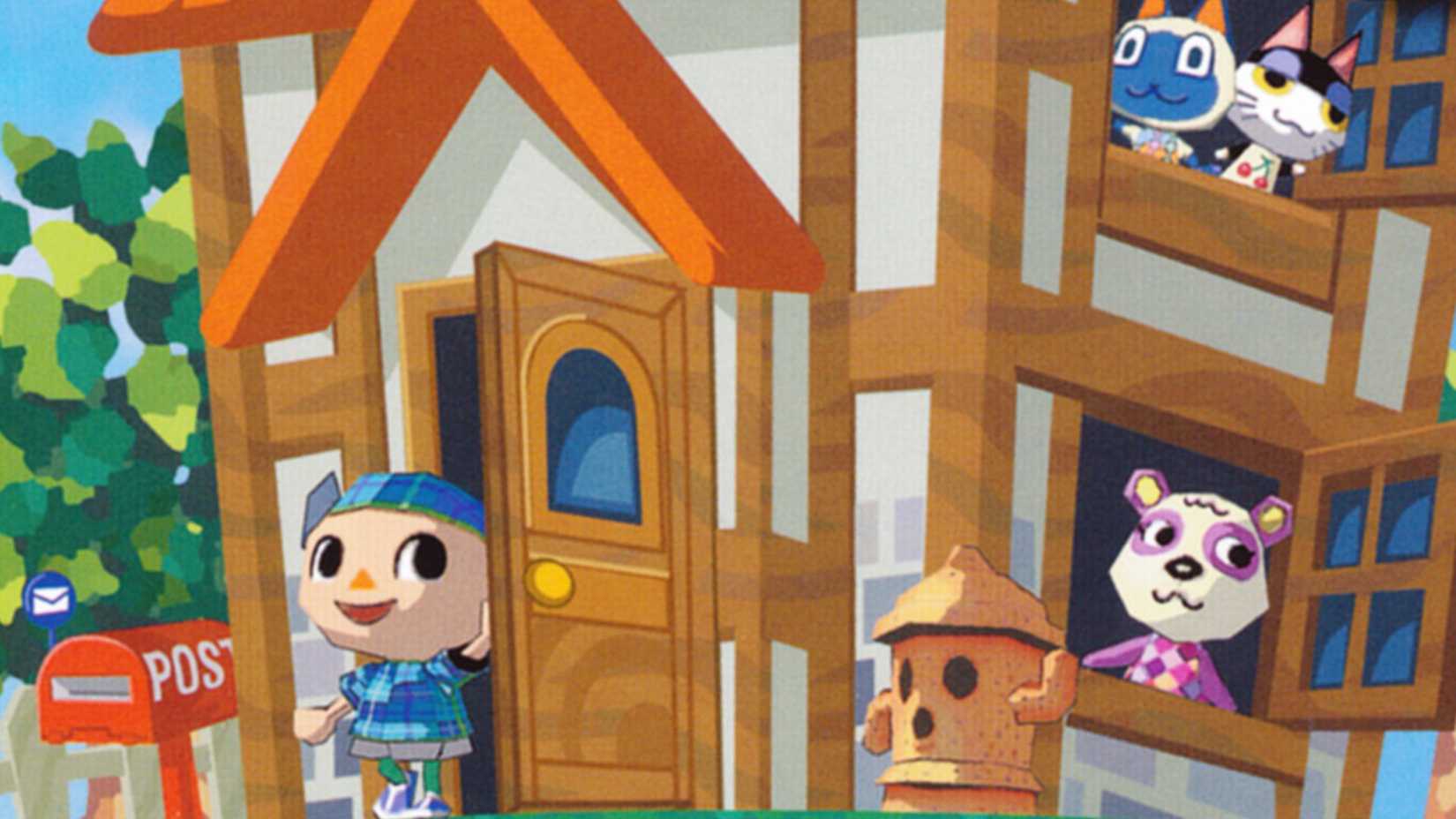 Animal Crossing cropped cover artwork shows a young lad standing in an open doorway as animals look out its windows.