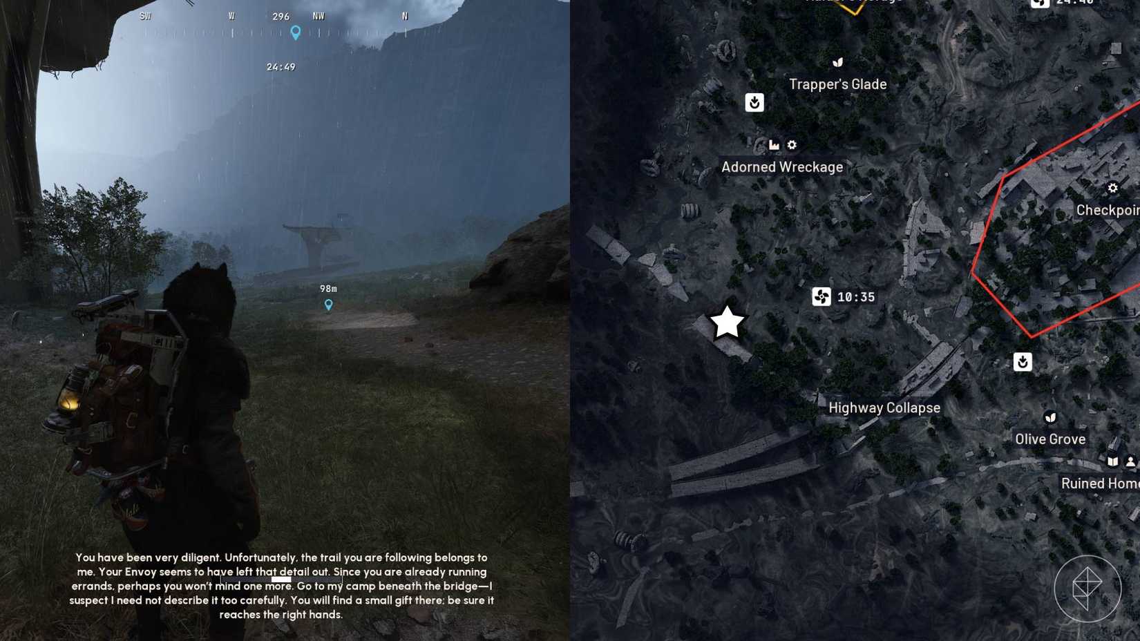The left-hand side of the image shows the player in Arc Raiders standing in front of the objective for the "A Path Not Yours" quest while the right-hand side of the image shows the location marked on the in-game map with a star.