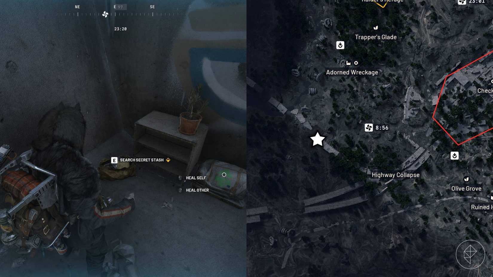 The left-hand side of the image shows the player in Arc Raiders standing in front of the objective for the "A Path Not Yours" quest while the right-hand side of the image shows the location marked on the in-game map with a star.