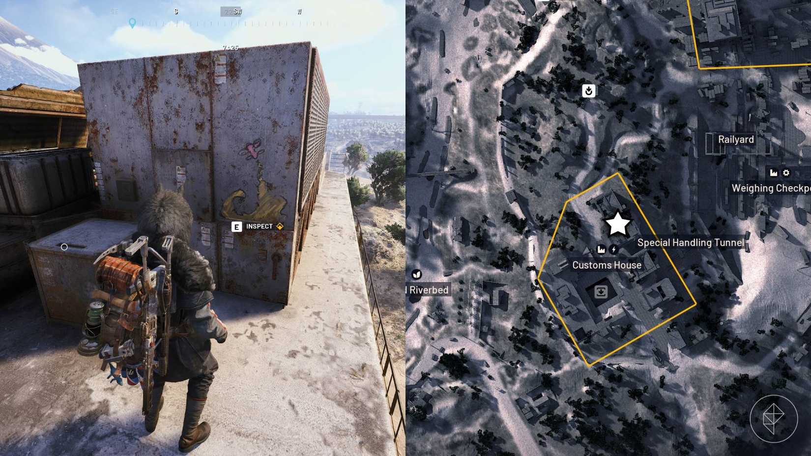 Left: Arc Raiders player viewing the drawing at the Customs House. Right: Starred map location.
