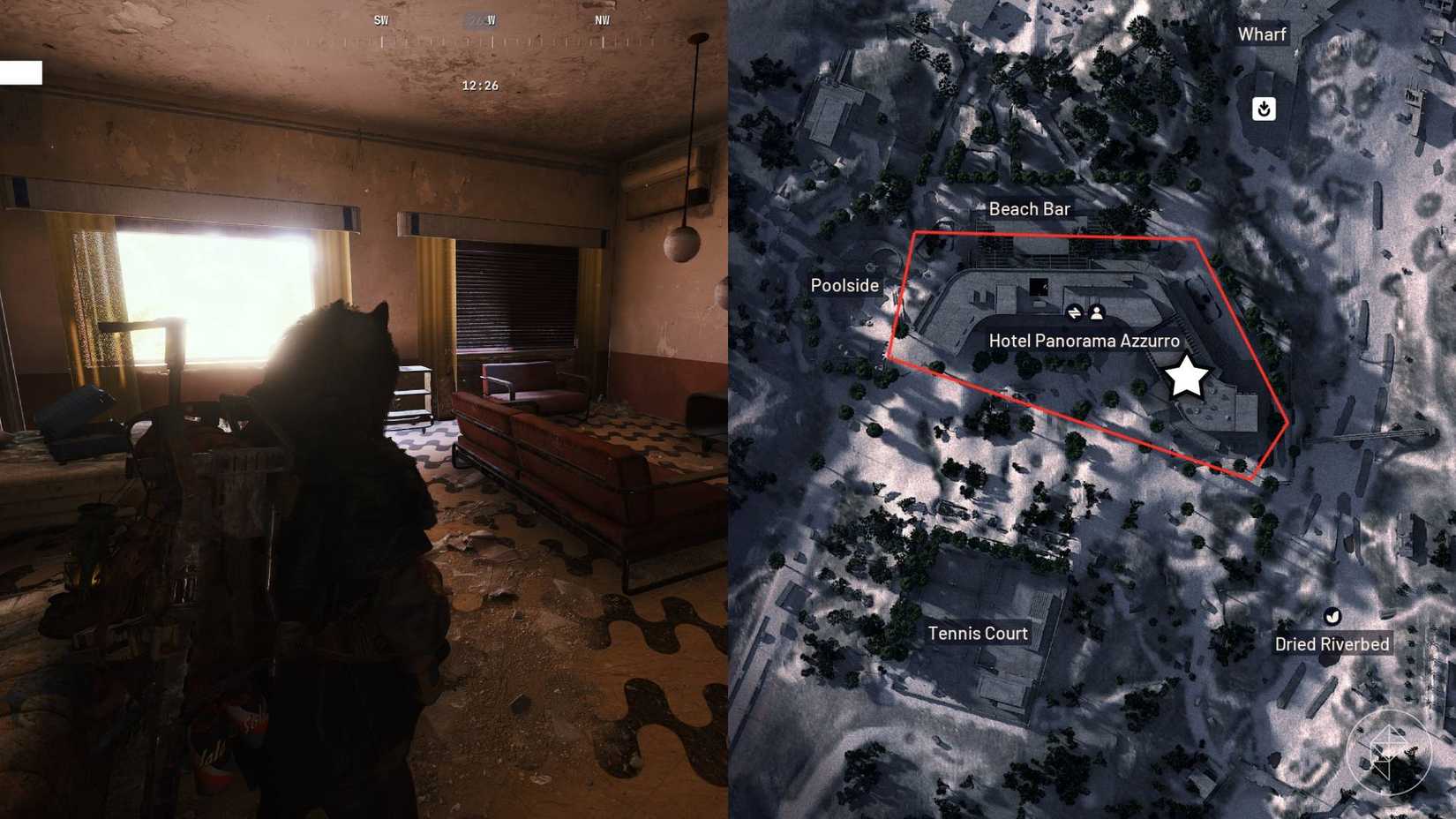Left: Arc Raiders player standing in young Celeste's hotel room. Right: Corresponding map location.