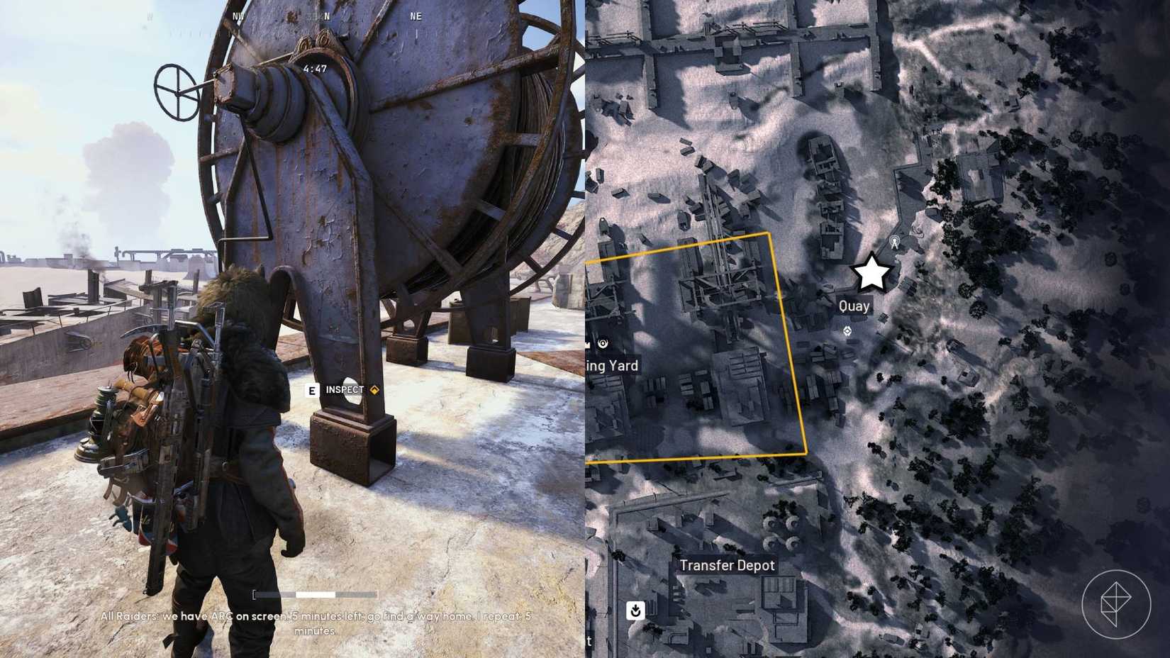 Left: Arc Raiders player standing near the drawing at the Quay. Right: Starred map location.