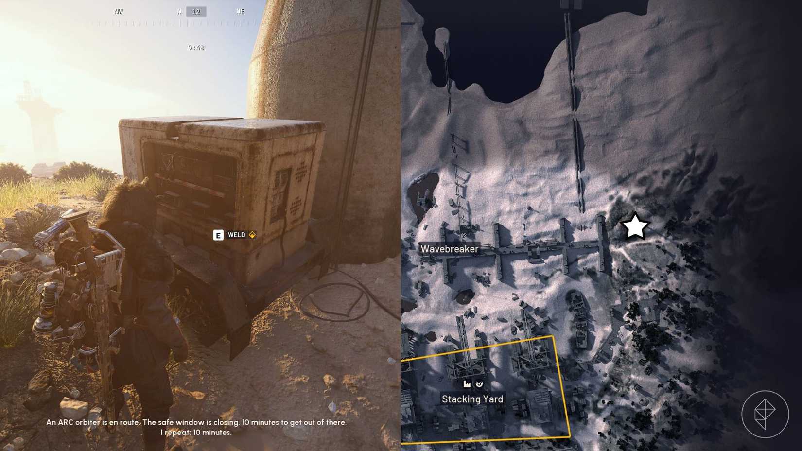 The left-hand side of the image shows the player standing in front of the objective for the "Celeste's Teenage Rebellion" quest in Arc Raiders while the right-hand side of the image shows the location marked on the in-game map with a star.