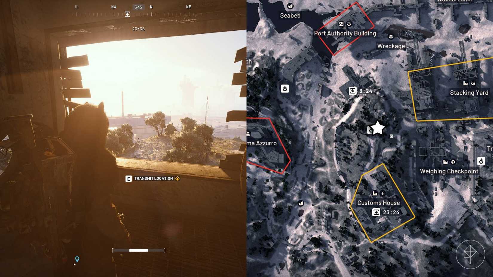 The left-hand side of the image shows the player standing in front of the objective for the "Celeste's Teenage Rebellion" quest in Arc Raiders while the right-hand side of the image shows the location marked on the in-game map with a star.