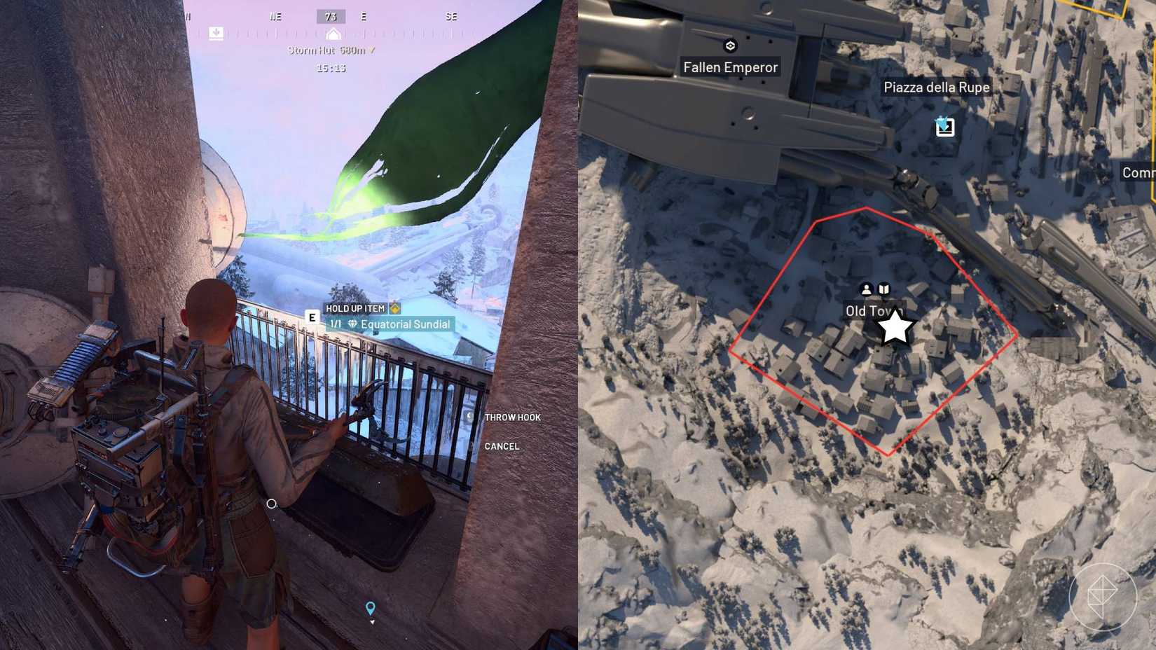 The left-hand side of the image shows the player in Arc Raiders at the top of the church while the right-hand side of the image shows the location of the church in the Old Town marked with a star on the in-game map.