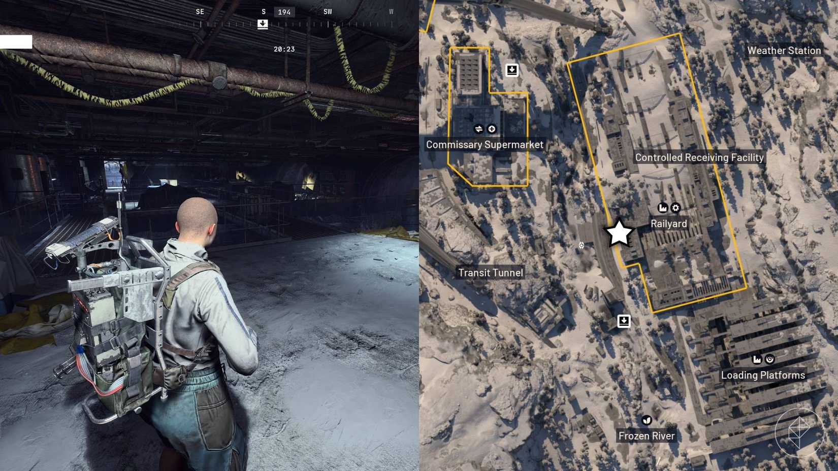 The left-hand side of the image shows the player in Arc Raiders standing in the nomad camp while the right-hand side of the image shows the location marked on the in-game map with a star.
