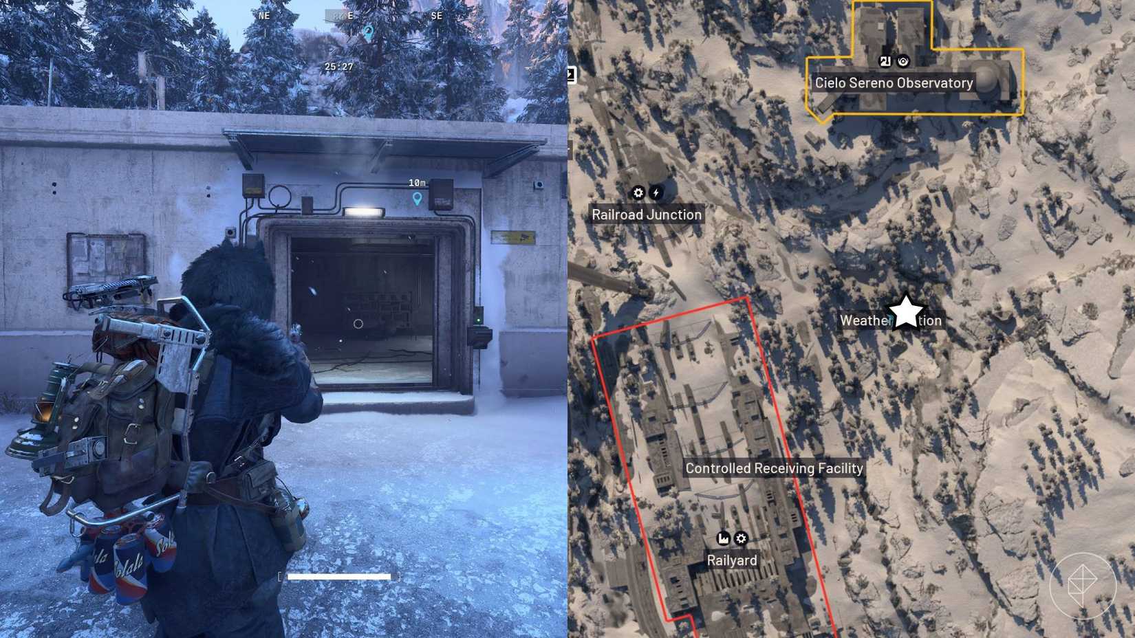 The left-hand side of the image shows the player in Arc Raiders standing in front of the nomad recording while the right-hand side shows the location marked on the in-game map with a star.