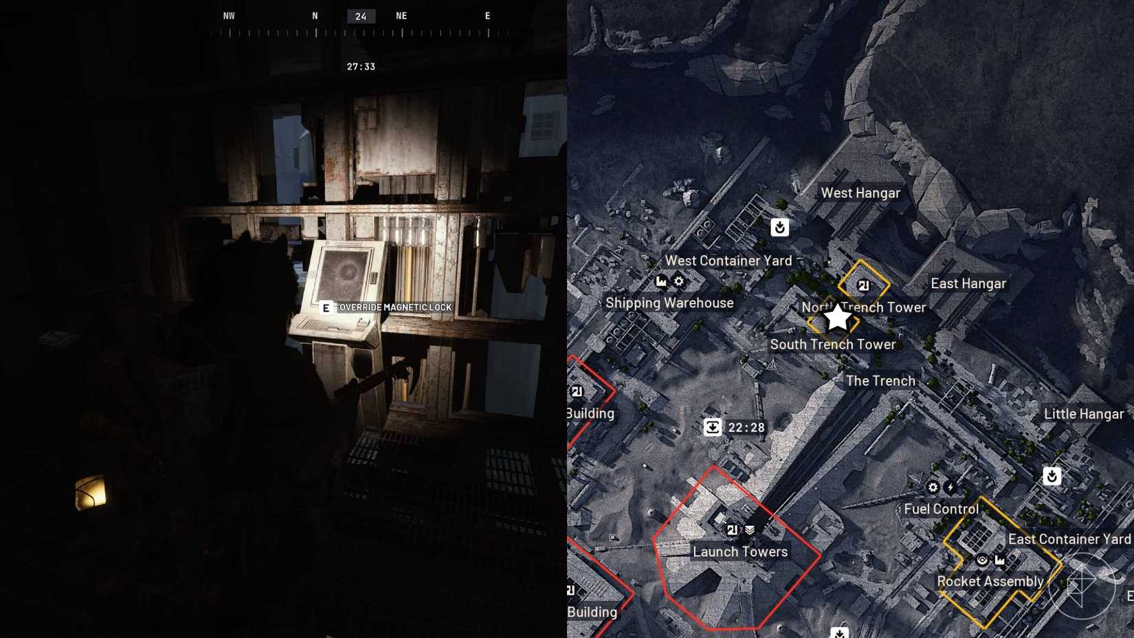 The left-hand side of the image shows the player next to the terminal to override the magnetic lock in Arc Raiders while the right-hand side shows the location marked on the in-game map with a star.