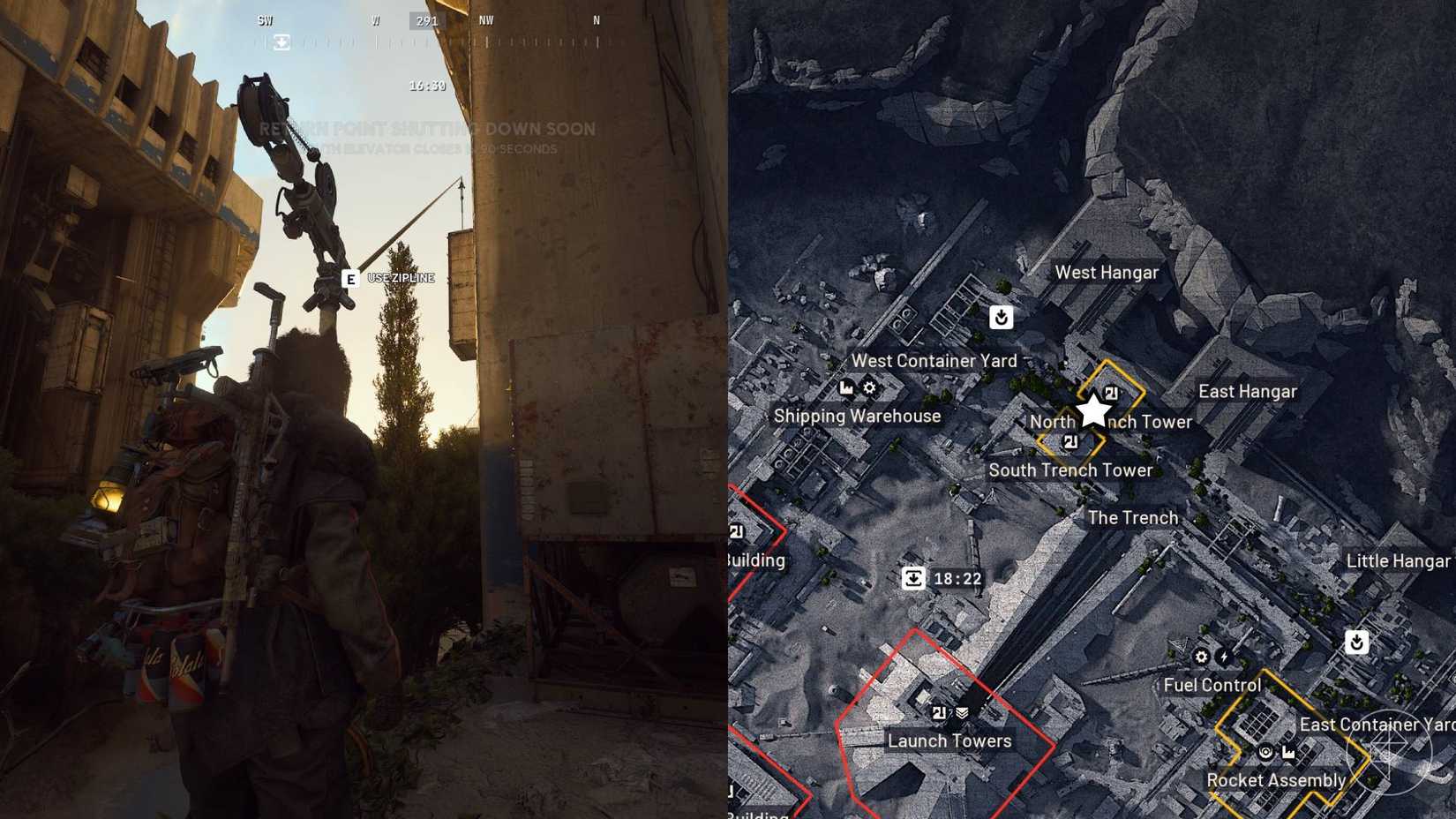 The left-hand side of the image shows the player standing at the bottom of a zipline that leads to the crate with the magnetic lock in Arc Raiders while the right-hand side of the image shows the location of the crate marked on the in-game map with a star.