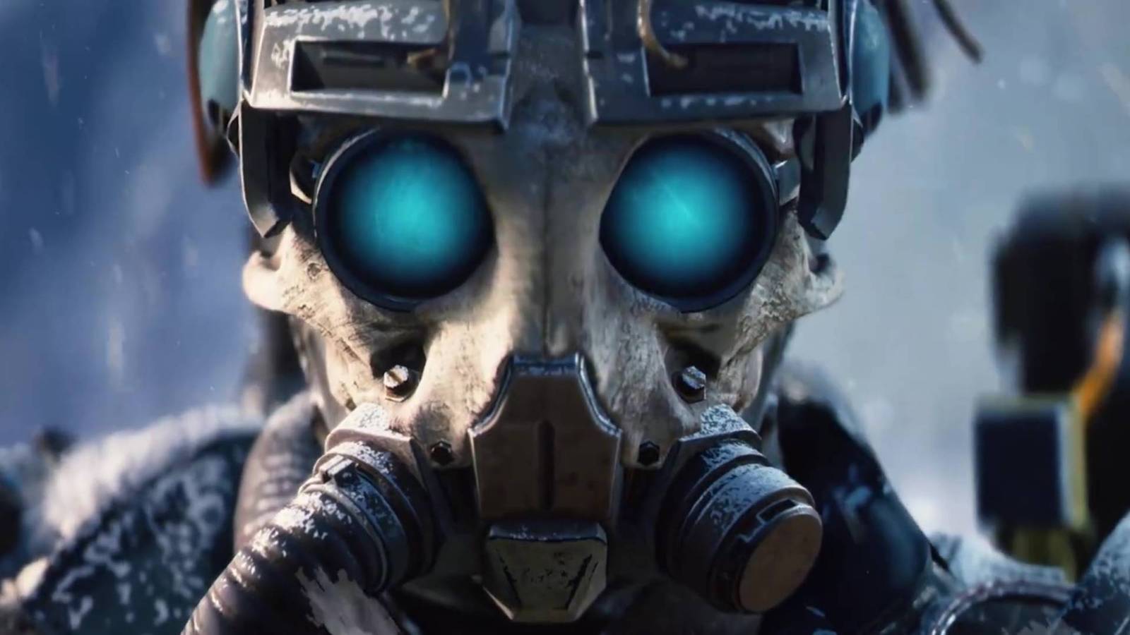 A close-up of a raider's mask with glowing blue eyes in Arc Raiders Frozen Trail.