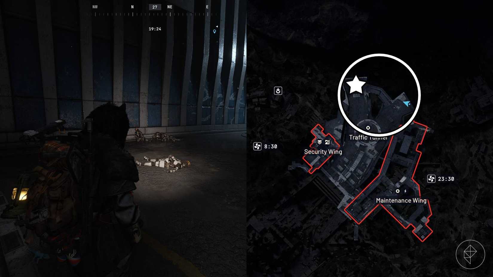 The left-hand side of the image shows the player standing by the androids in Arc Raiders while the right-hand side of the image shows the in-game map with the location highlighted.