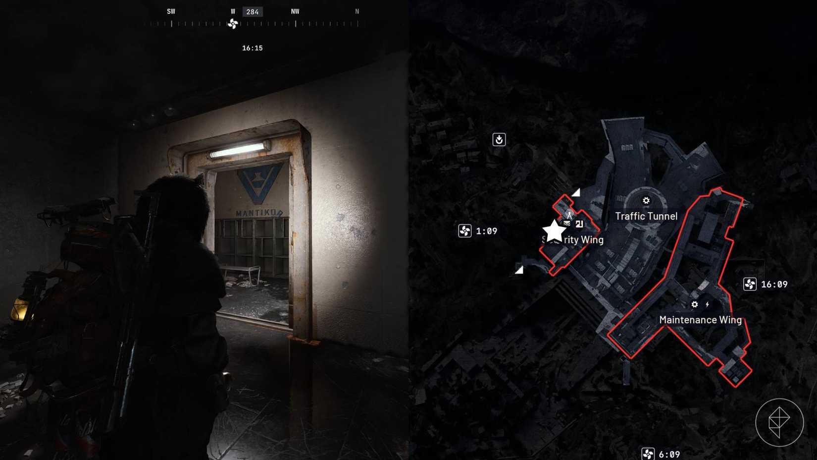 The left-hand side of the image shows the player standing by the door to the Mantikor locker room in Arc Raiders while the right-hand side of the image shows the in-game map with the location highlighted.