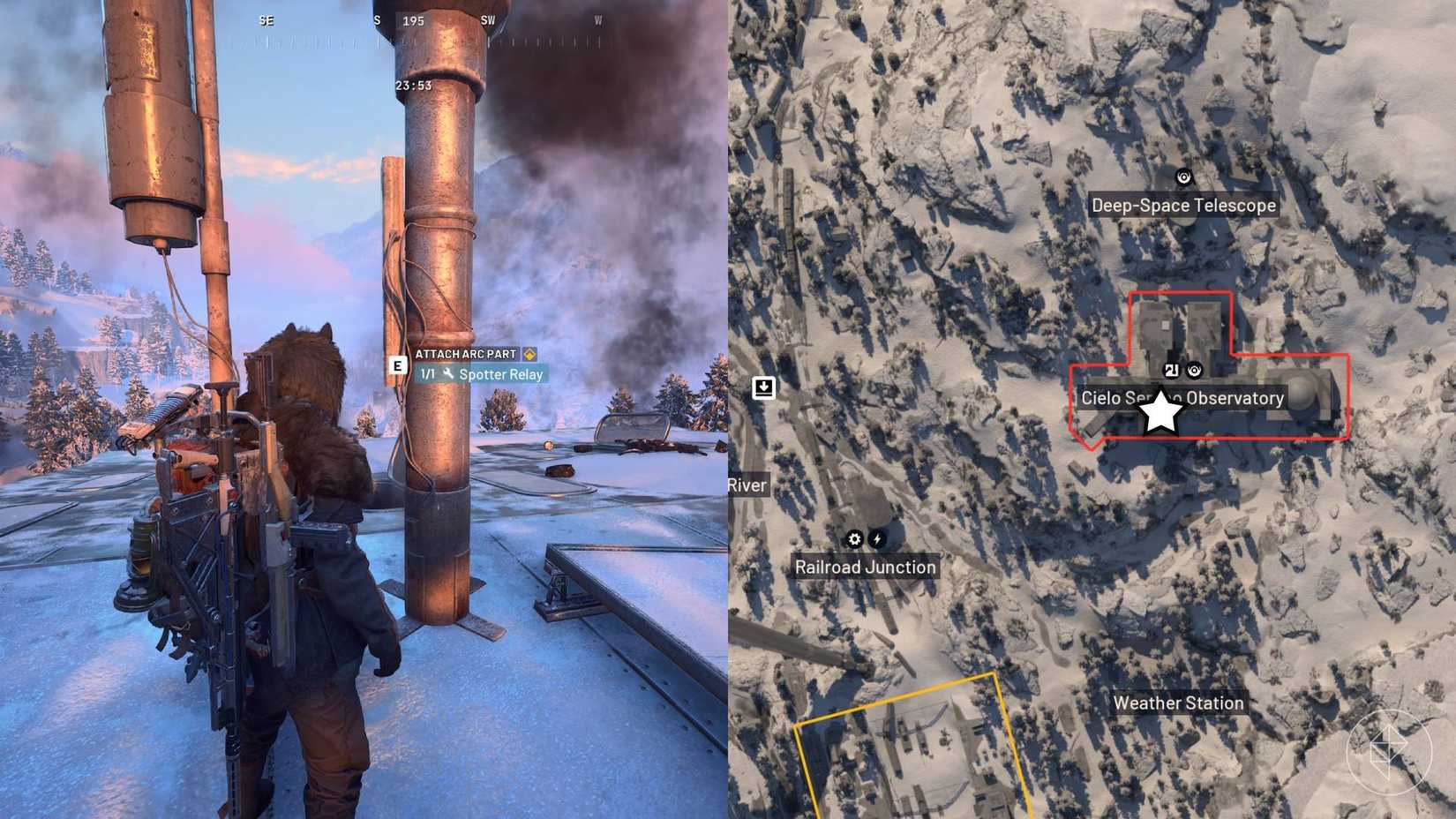 The left-hand side of the image shows the player standing in front of the antenna that requires fixing in the Ruins and Reverberations quest in Arc Raiders while the right-hand side shows the location marked with a star on the in-game map.