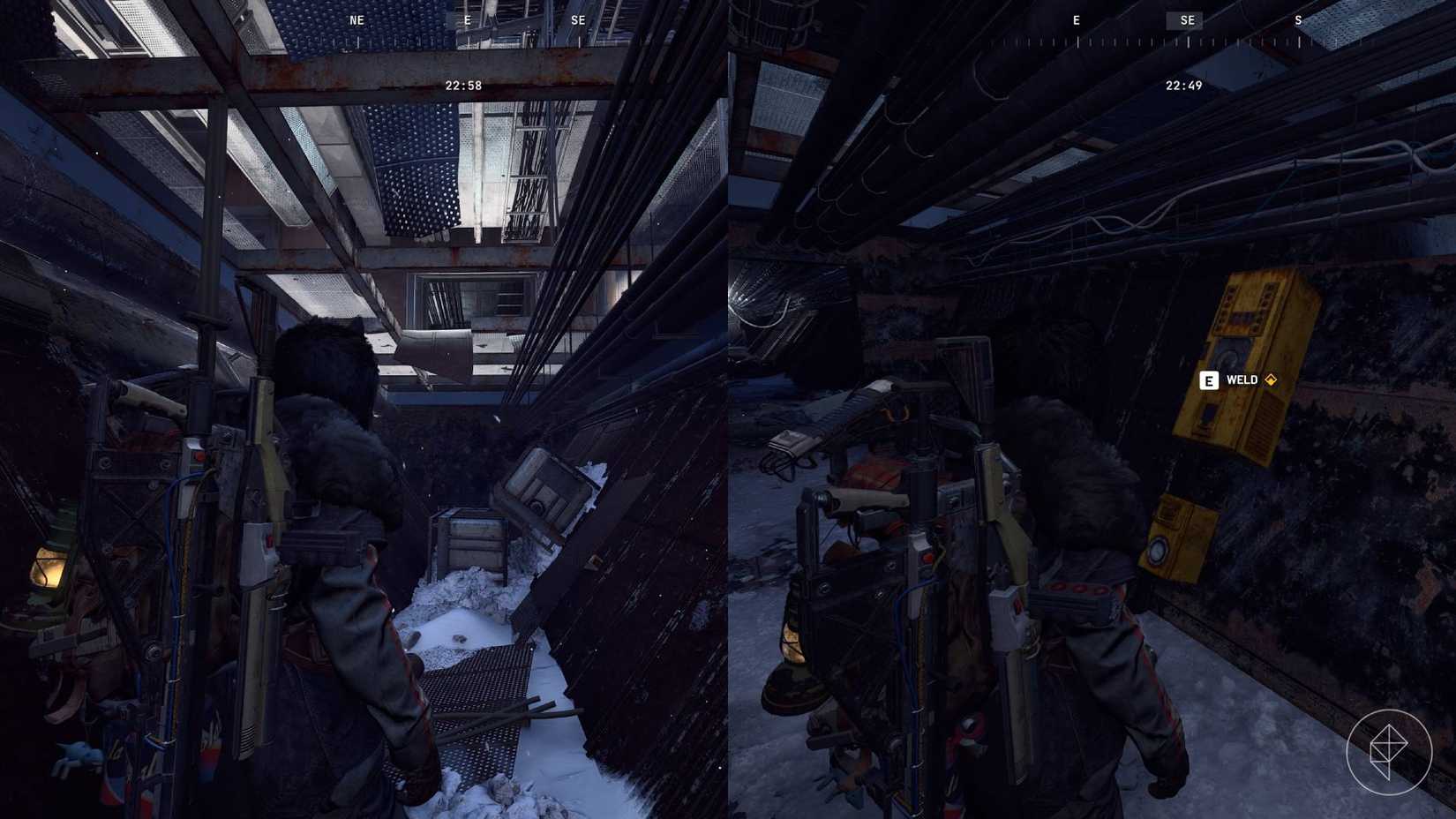The left-hand side of the image shows the player standing in the crawlspace inside the observatory in Arc Raiders while the right-hand side shows the player standing in front of the wires that need welding for the objective.