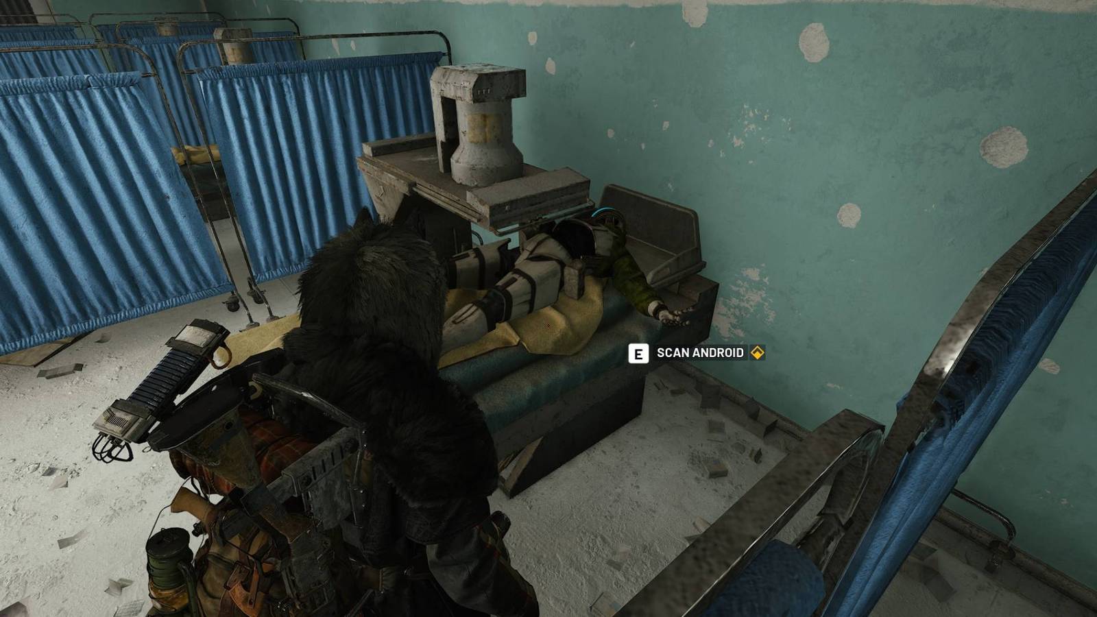 The player in Arc Raiders standing next to an android in a medical bay.