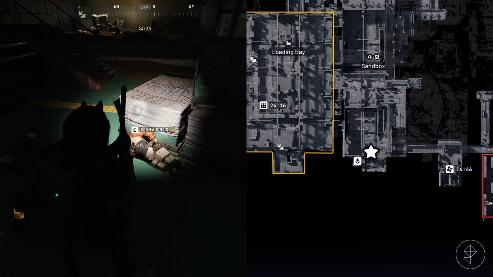 The left-hand side of the image shows the player in Arc Raiders standing next to the objective required for the "Someone Else's Shoes" quest while the right-hand side shows the location marked on the in-game map with a star.