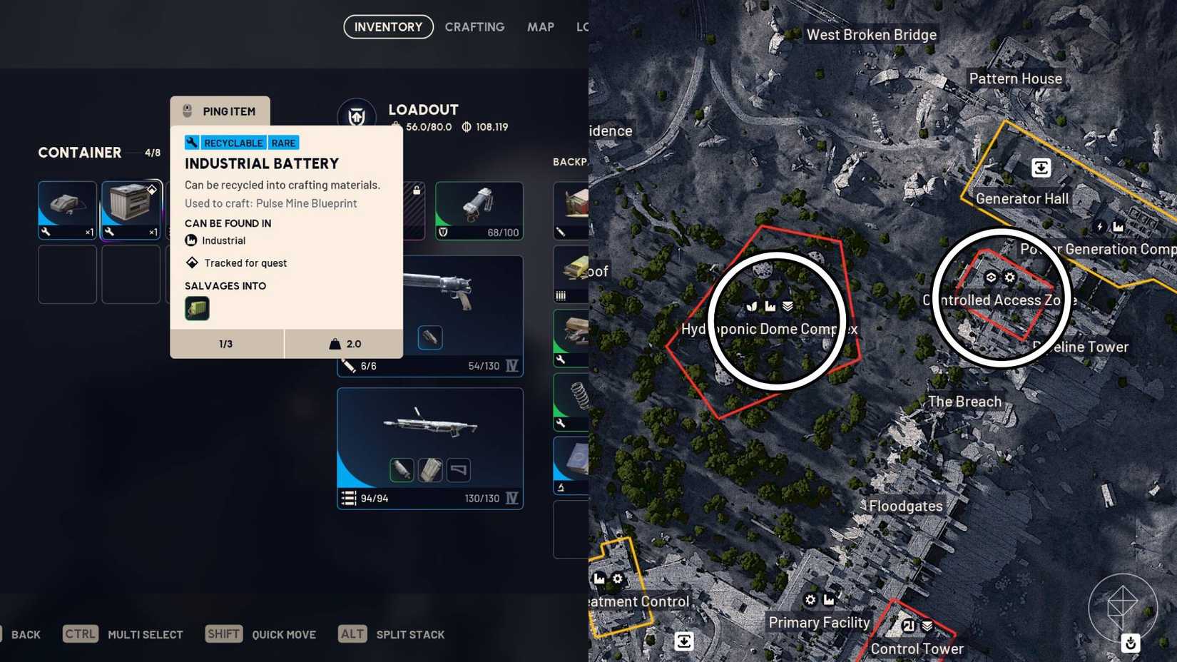 The left-hand side of the image shows the industrial battery in Arc Raiders while the right-hand side shows the two locations it can commonly be found on Dam Battlegrounds.