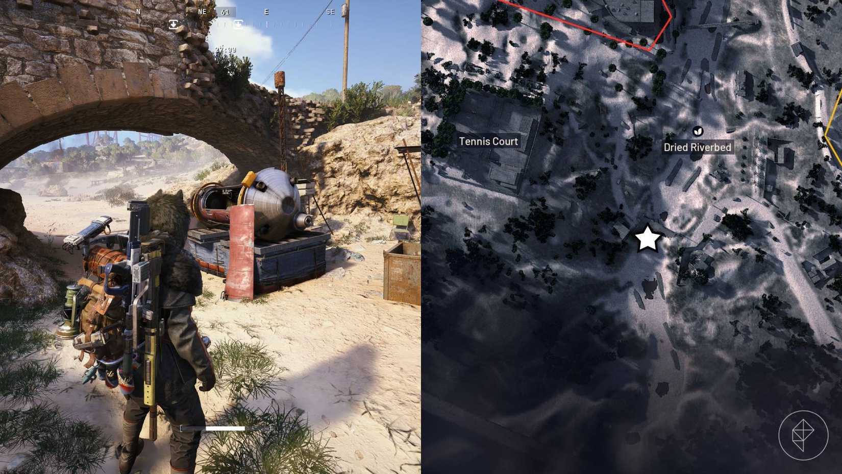 The left-hand side of the image shows the player in Arc Raiders standing next to a gondola prototype while the right-hand side of the image shows the location marked on the in-game map.