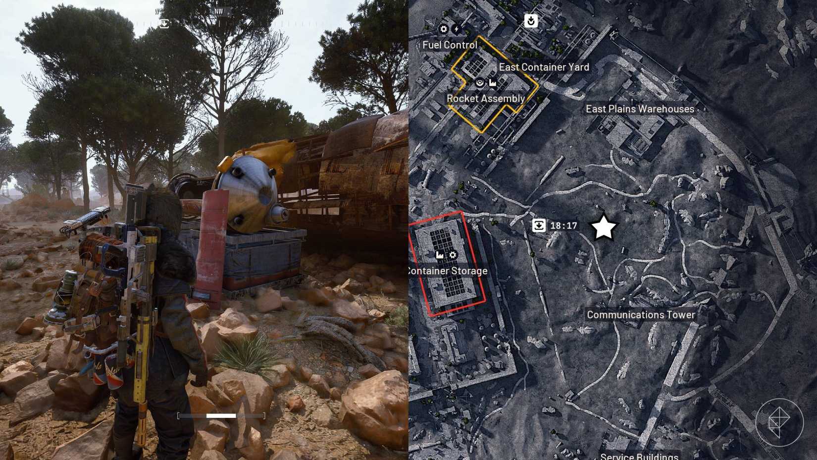 The left-hand side of the image shows the player in Arc Raiders standing next to a gondola prototype while the right-hand side of the image shows the location marked on the in-game map.