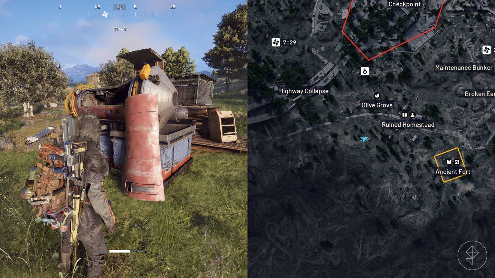 The left-hand side of the image shows the player in Arc Raiders standing next to a gondola prototype while the right-hand side of the image shows the location marked on the in-game map.