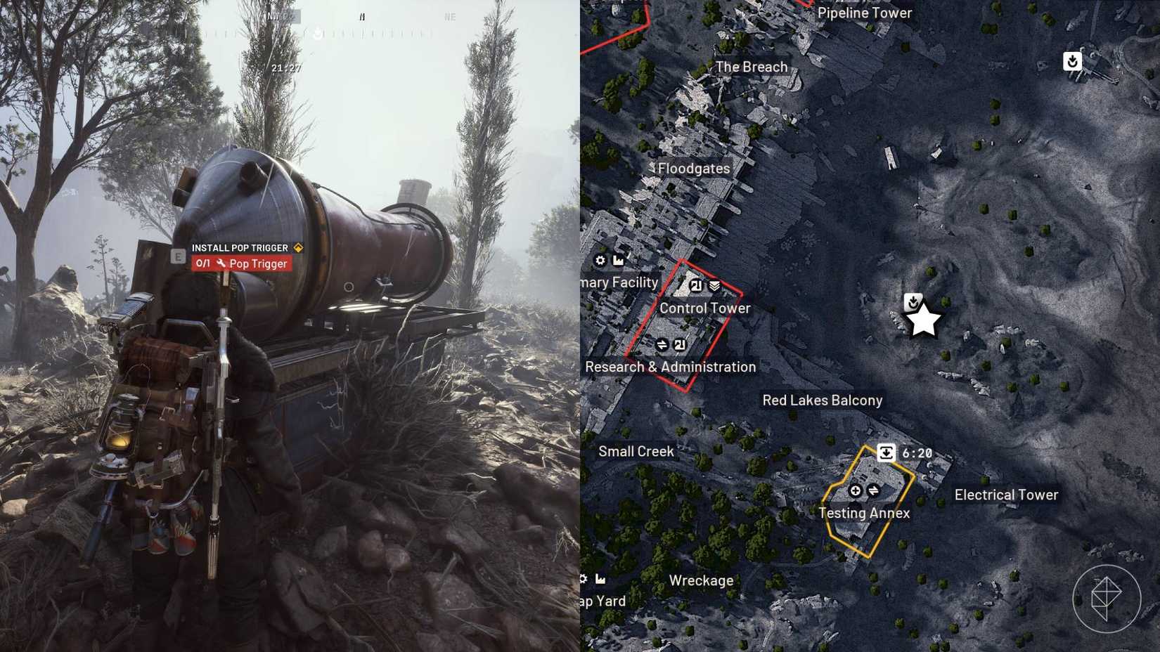 The left-hand side of the image shows the player in Arc Raiders standing next to a gondola prototype while the right-hand side of the image shows the location marked on the in-game map.