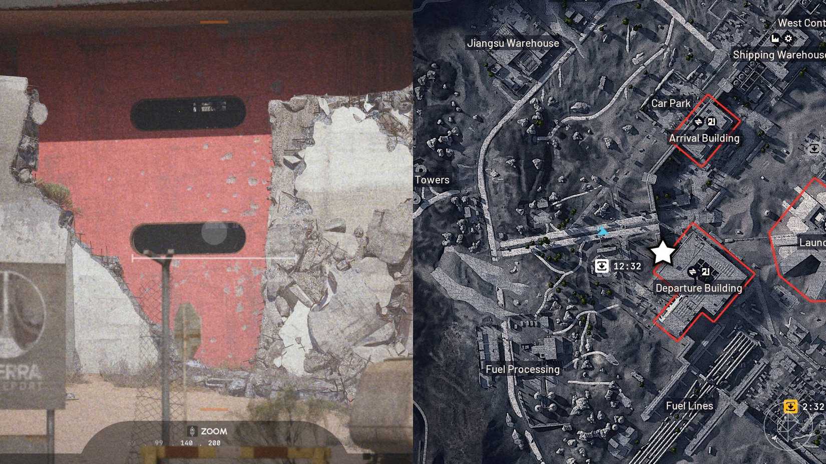 The left-hand side of the image shows the in-game camera aiming at the object required for the "When Everything Falls" mission in Arc Raiders while the right-hand side shows the location marked on the in-game map with a star.