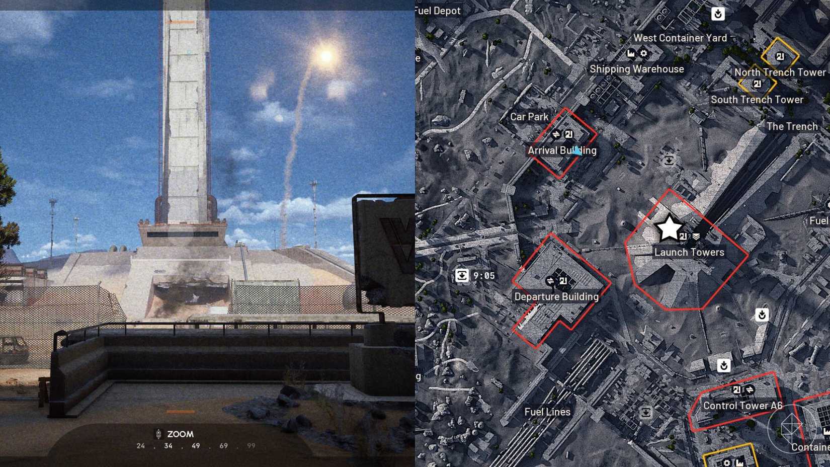 The left-hand side of the image shows the in-game camera aiming at the object required for the "When Everything Falls" mission in Arc Raiders while the right-hand side shows the location marked on the in-game map with a star.